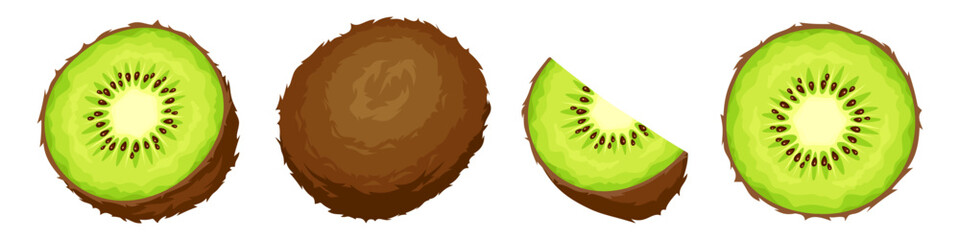 Kiwi fruit and kiwi slices isolated on a white background. Set of vector illustrations