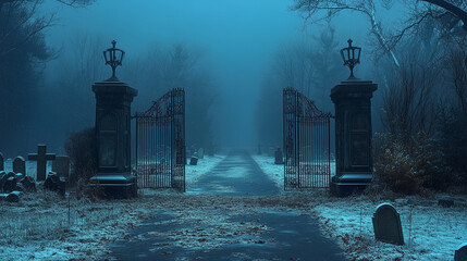 Spooky cemetery entrance with fog and open iron gates © AISniper
