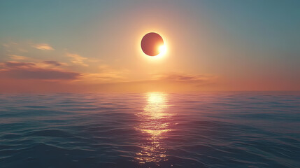 A solar eclipse over a tranquil ocean, with the sun partially covered by the moon and shimmering on the water. eclipsed sun over ocean. illustration. Tranquil - Lake. Illustration