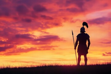 Silhouetted Ancient Warrior Stands on Dramatic Battlefield Lit by Fiery Sunset Sky