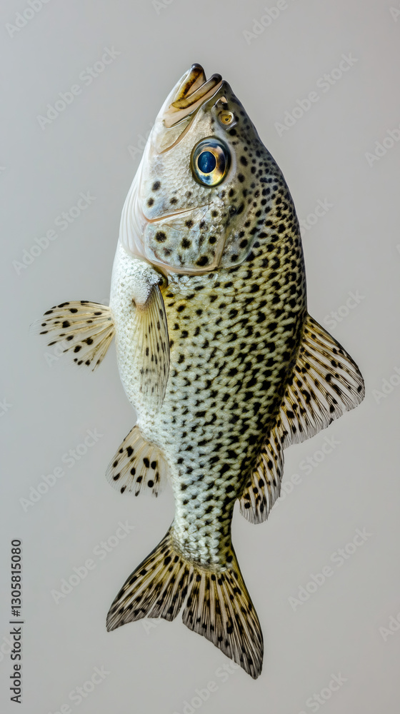 Poster Studio shot of a freshwater fish swimming upward on a plain background, creating a visually appealing image with potential for various design applications
