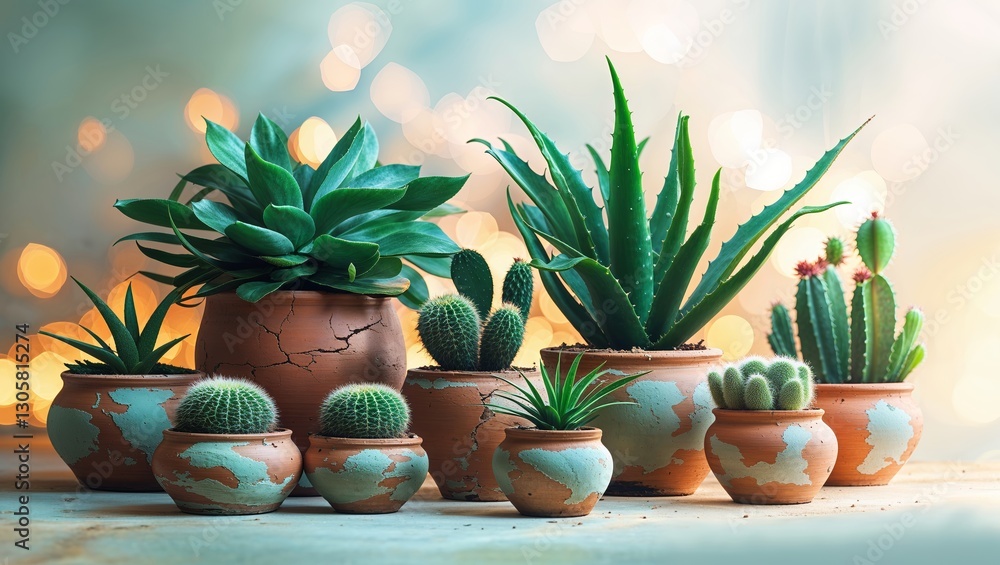 Poster cacti and succulents arranged in various pots on a soft backdrop with warm bokeh lights during the d