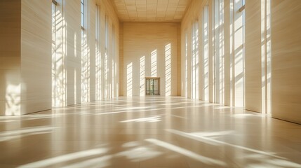 Sunlit Modern Hallway Interior with Beige Stone Walls and Bright Daylight