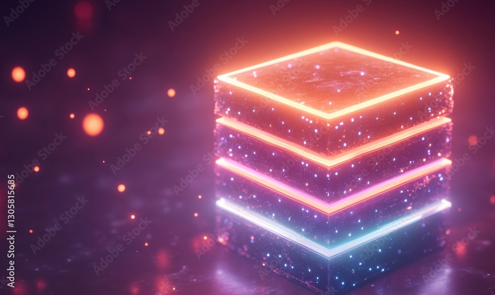 Aufkleber glowing neon cube stack on dark background with bokeh