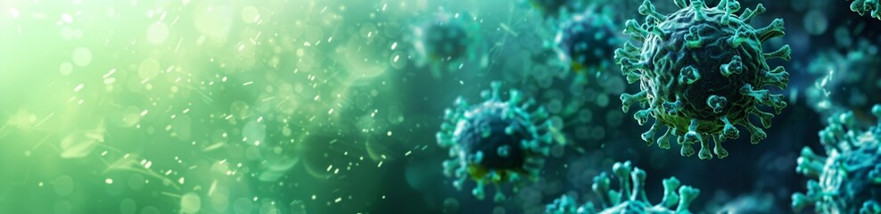 Microscopic view of coronavirus particles floating in green fluid. COVID-19 virus cells, infectious disease concept. 3D render of pandemic pathogen for medical research and health awareness.
