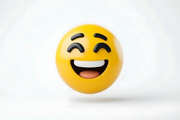 Fototapeta premium Cheerful 3D Yellow Emoji Figure with Beaming Smile Against White Backdrop