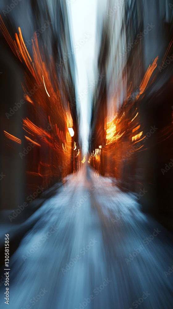 Poster nighttime cityscape blurring while speeding through illuminated urban street with dynamic motion eff