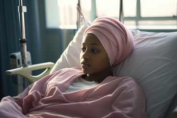 Woman in pink headscarf resting in hospital bed. Healthcare, medical treatment, and patient care concept. Sidelit portrait of african american female in recovery ward.