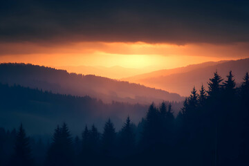 Obraz premium Majestic sunset over rolling hills and forests