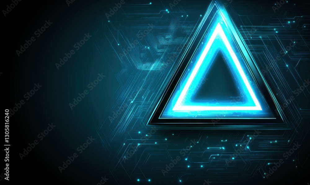 Poster glowing neon triangle on circuit background for tech design