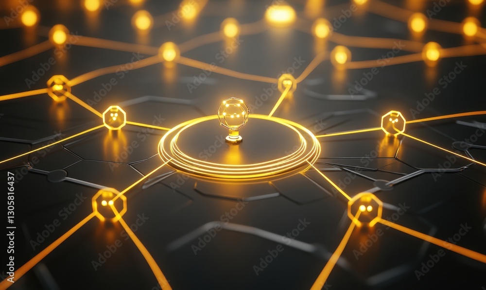 Poster glowing network hub on dark surface with connected nodes