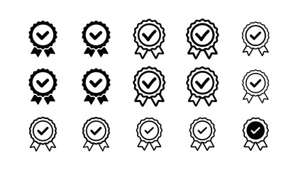Certification Badge Icons Set - Award Ribbons with Checkmarks for Quality and Approval