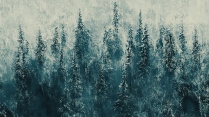 Winter forest scene showing snow covered coniferous trees in the cold