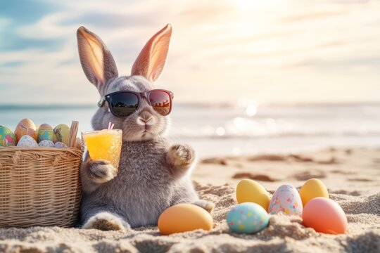 Cool Easter bunny with sunglasses on vacation on the beach with a cocktail.
