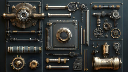 Mechanical component archive with vintage industrial elements