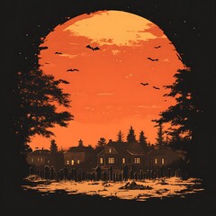 Houses, bats fly. Cemetery under full moon night