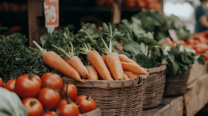 Fresh Organic Vegetables at Farmers Market in Rustic Baskets