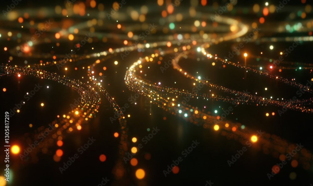 Poster glowing particle streams flow on dark background, ideal for digital art