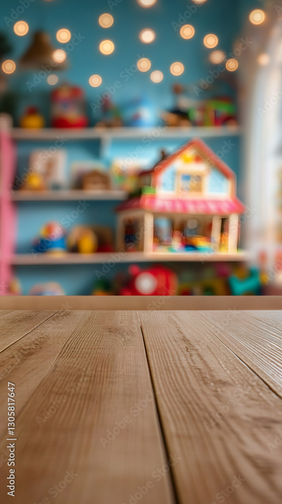 Poster wooden table surface, blurred playroom shelves and scattered toys creating soft background depth for
