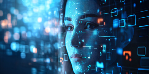 Woman with a digital interface overlay representing artificial intelligence | Futuristic AI technology and data processing visualization