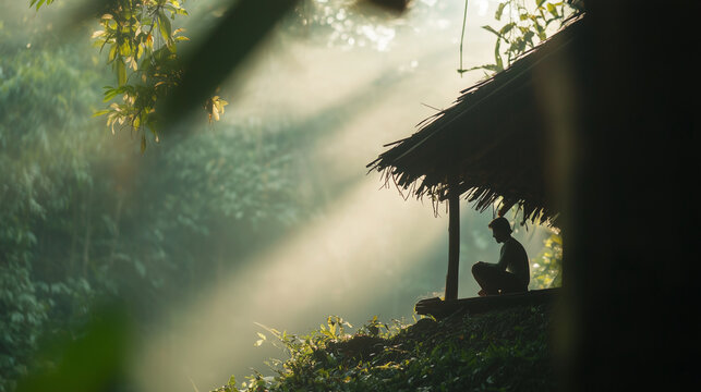 Resilient adventurer building a shelter in the jungle - Powered by Adobe