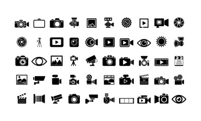 Black Silhouettes of Photography, Video, and Media Icons, Collection Set of Black Icons Representing Photography, Film, and Video Technology

