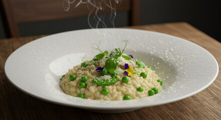 Delicious Creamy Risotto with Peas and Edible Flowers