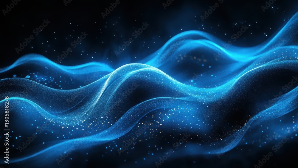 Poster elegant flowing blue waves with sparkling particles in a dark background, creating a smooth abstract