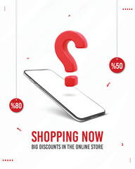 Shop Online Design: Phone with a question mark. Perfect for social media, e-stores, and global sites. Ideal for Instagram, Facebook, and X. Great for promotions and discounts. #OnlineShopping #Design