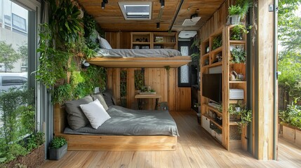 Wooden Container Home With Abundant Greenery And Loft Bed