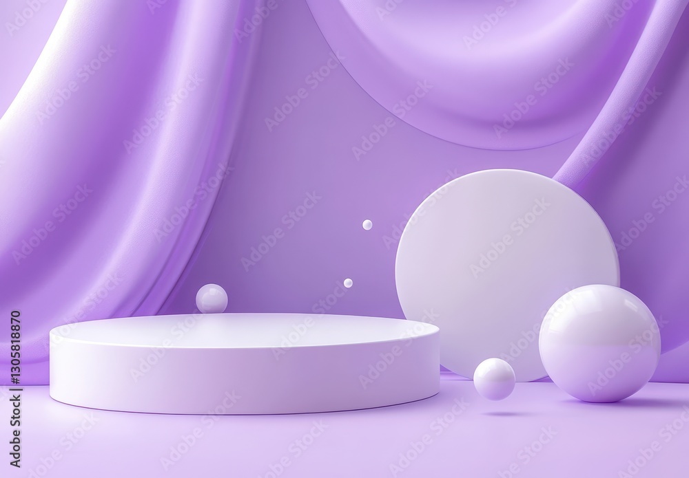 Poster elegant purple background with soft textures, floating spheres, and circular platforms for display o