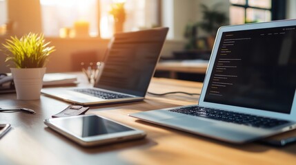 Office laptops code sunlight workspace