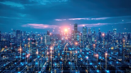 Obraz premium Cityscape, network, night, digital, glow, future, technology, urban, connection, innovation