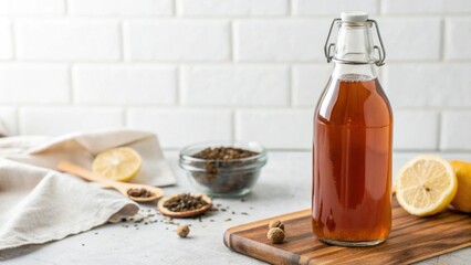 Fermented foods trend. A vibrant image showcasing kombucha, a popular fermented probiotic food trend, with ample copy space for text. Healthy Probiotic Food.