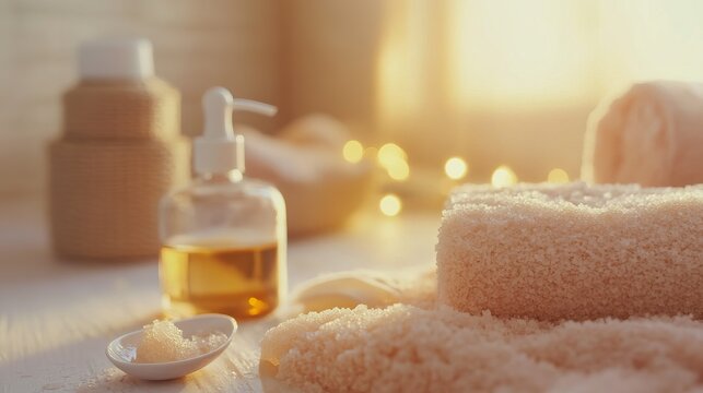 Spa with body scrub setup and essential oils, soft diffused light, warm pastel tones, and refreshing indulgent atmosphere, close-up shot.