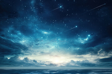 Shooting stars falling into the ocean under a starry sky