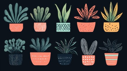 Illustrated potted plants, dark background, home decor