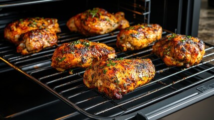 Juicy Grilled Chicken Thighs on Rack Showing Delicious Marinade and Garnish for Barbecue