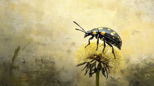 Spotted beetle climbing dandelion stem, soft morning light, bright yellow and black tones, and playful cheerful mood, side angle shot.