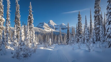 Tall snowy Christmas tree forest with distant mountain peaks, bright natural light, deep cool tones, and serene winter landscape, wide-angle shot.
