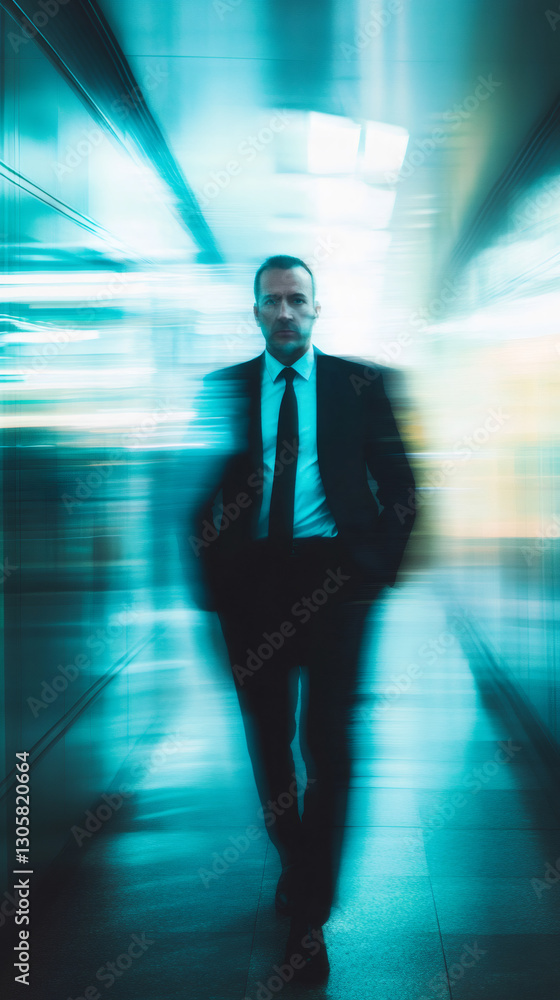 Poster businessman walking confidently through a sleek modern office corridor, showcasing a dynamic motion 