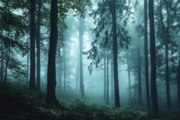Obraz premium Mysterious fog rolling through dark forest in early morning