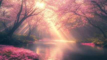 Beautiful colorful wild flowers in deep foggy forest with sun light in Spring.