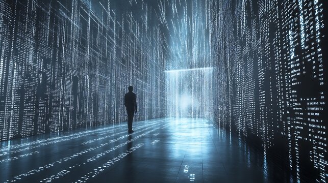 Silhouette of a man in a futuristic corridor of digital data streams For a journey into the digital realm concept.