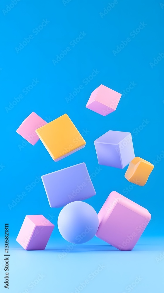 Poster floating 3d geometric shapes in gradient background with modern typography placeholder