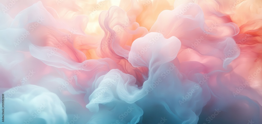 Poster ethereal abstract soft waves of colorful smoke flowing in gentle patterns blending pink blue and whi