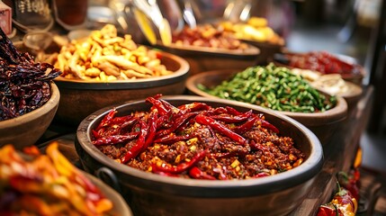 Colorful spread of spicy Asian street food with featuring various chilies flavorful dishes in wooden bowls.