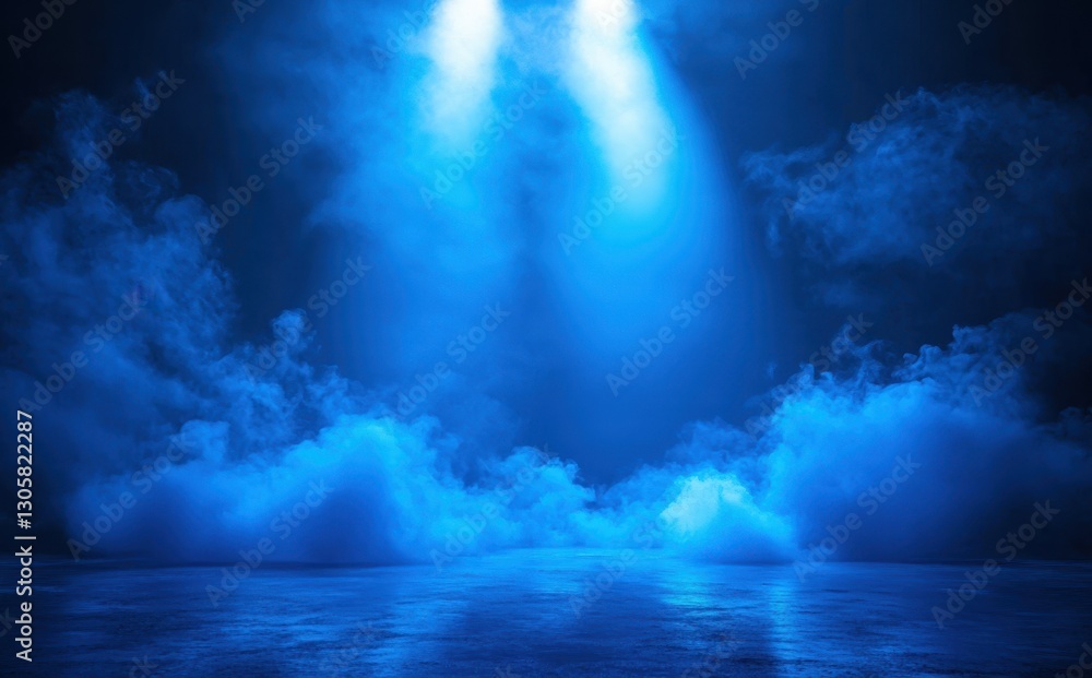 Poster ethereal blue light beams shining through misty clouds creating a mystical atmosphere in an enigmati