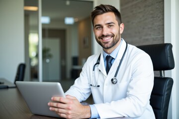 Cheerful Male Doctor in White Coat with Stethoscope at Modern Office Desk Working on Laptop, Smiling Professional in Healthcare Setting