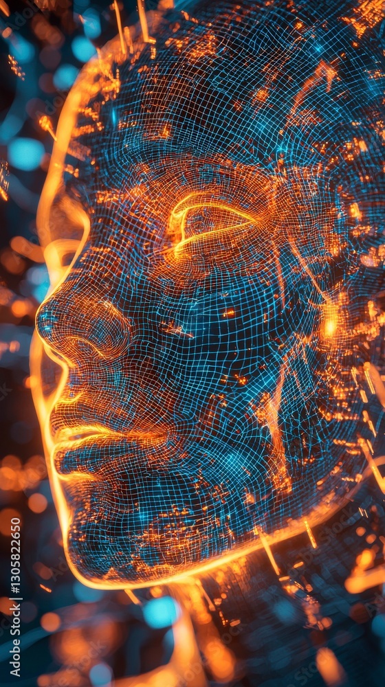 Poster wireframe head with pulsating energy in cyberspace.